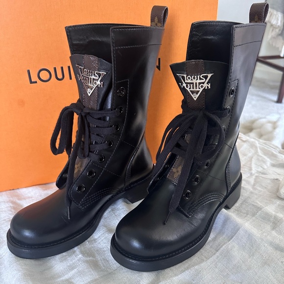 New LOUIS VUITTON Black Leather Metropolis Flat Ranger LV Monogram Combat Boots - Picture 5 of 13